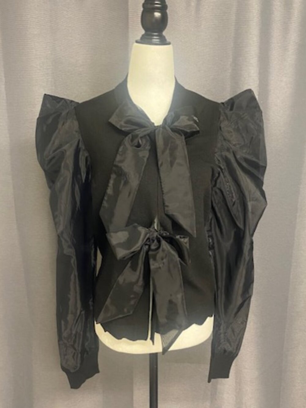 H by Halston Cardigan Black Organza Puff Sleeve  Med Whimsical Dark Academia